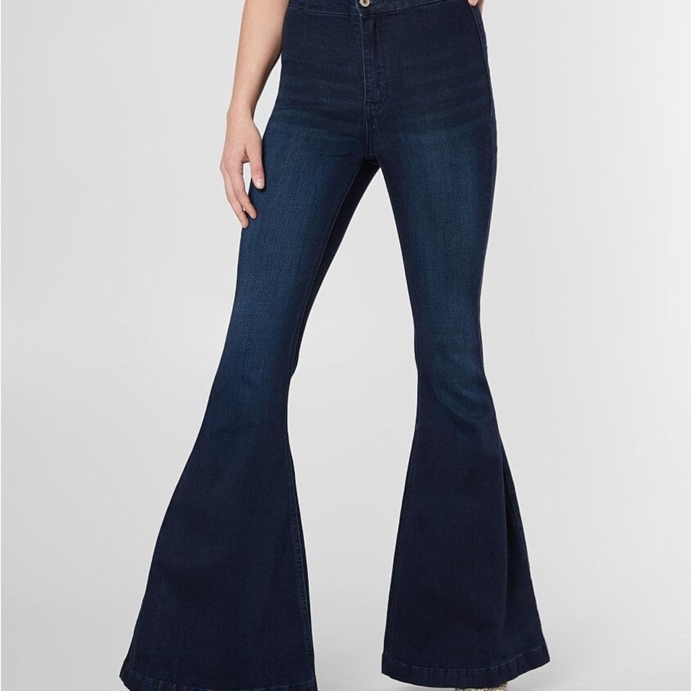 Kancan womens high waist bell bottom flare blue jeans